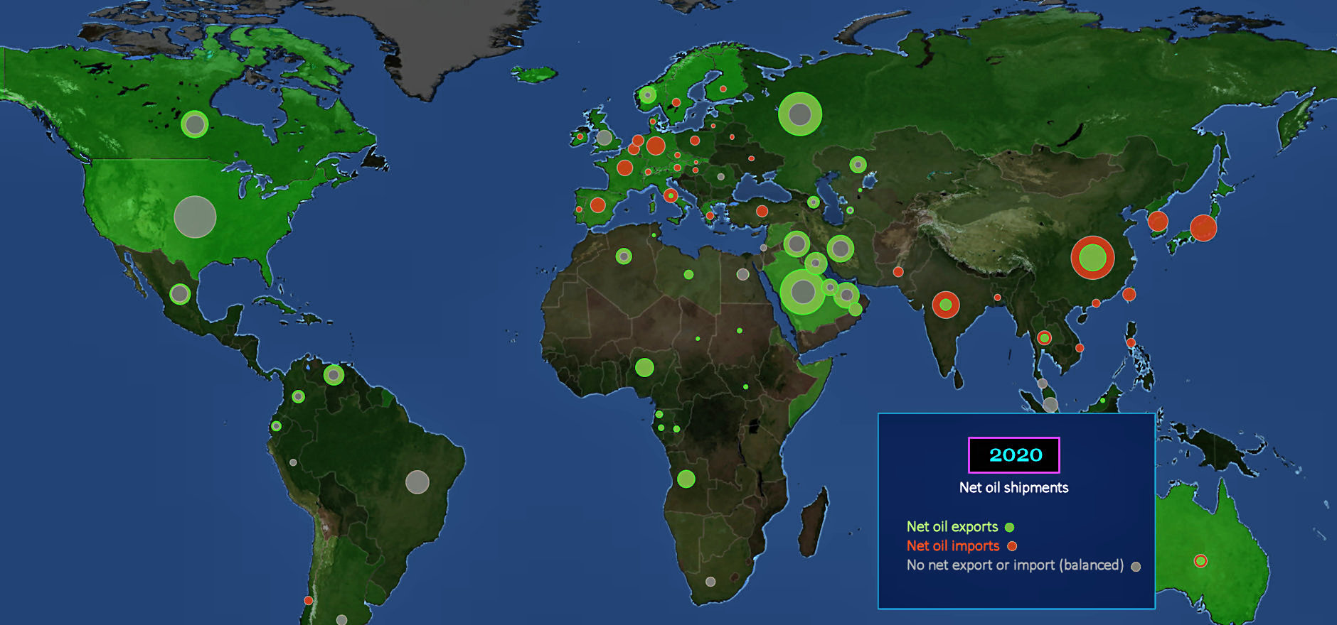 Global net oil import/export, 2020 map
